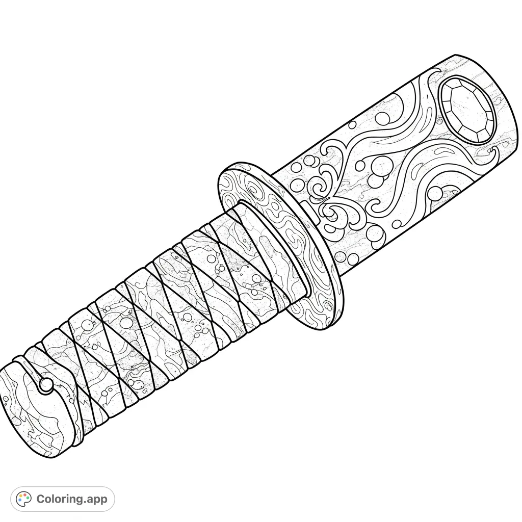 Detailed Japanese sword handle coloring page with intricate patterns and a faceted gem. A free printable design for history and fantasy fans.