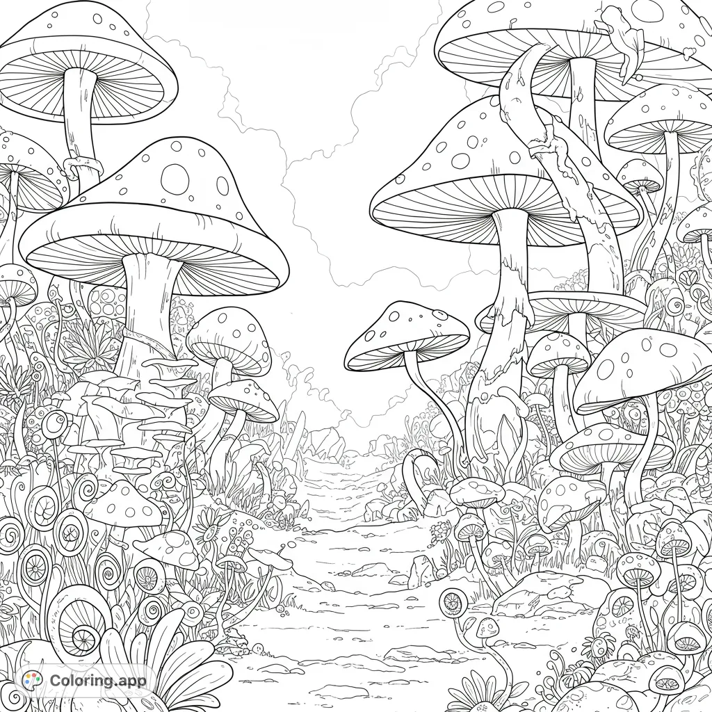 Explore a whimsical mushroom forest path, teeming with diverse fungi and intricate foliage. A magical free printable coloring page for all ages.
