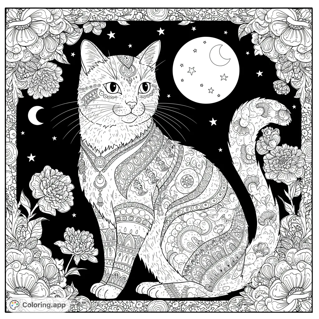 An enchanting mystical cat coloring page featuring an intricately patterned feline under a starry night sky, framed by lush, detailed flowers.