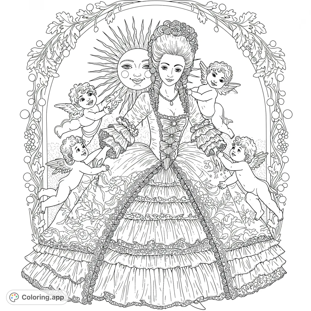 An elegant lady in a grand Rococo gown, surrounded by playful cherubs and a radiant sun, framed by an ornate floral arch.