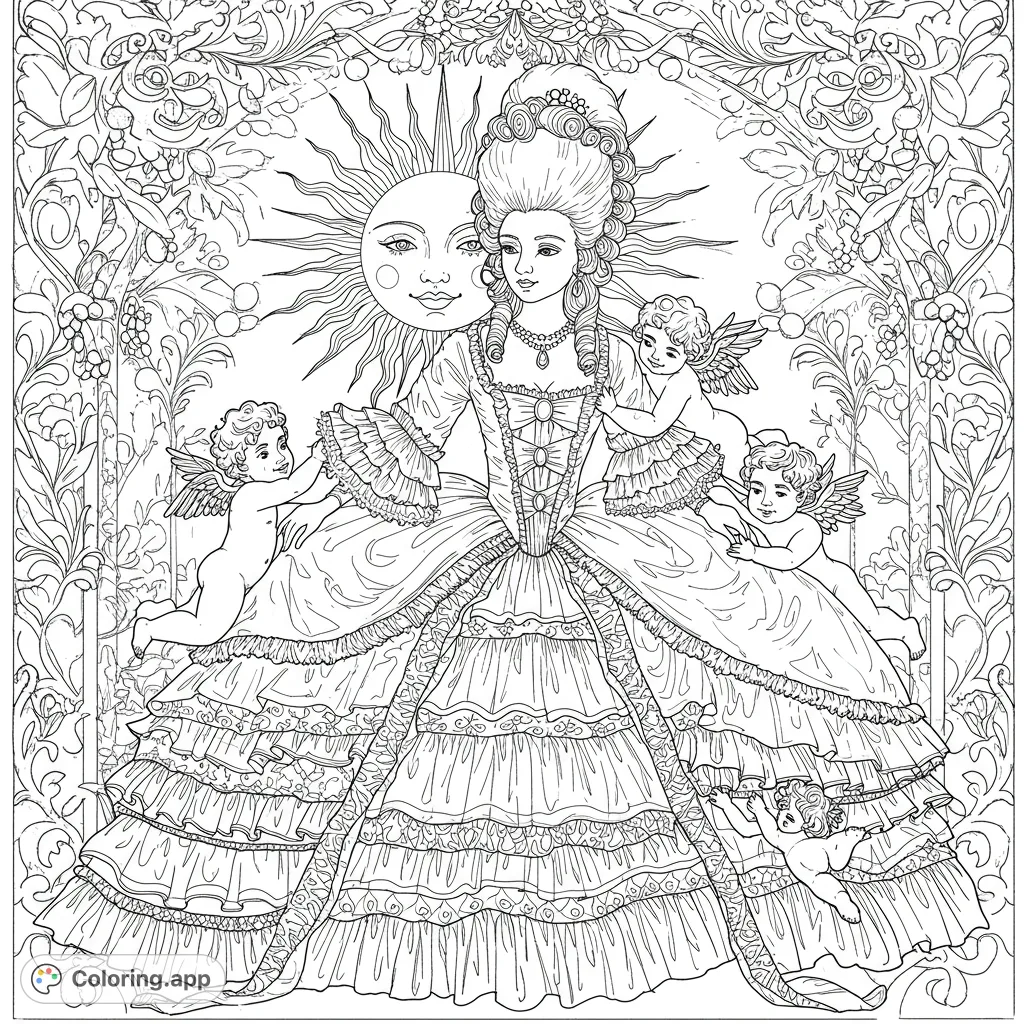 An exquisite Rococo lady in a grand gown, surrounded by playful cherubs and a smiling sun, framed by ornate floral details. A detailed historical fashion coloring page.