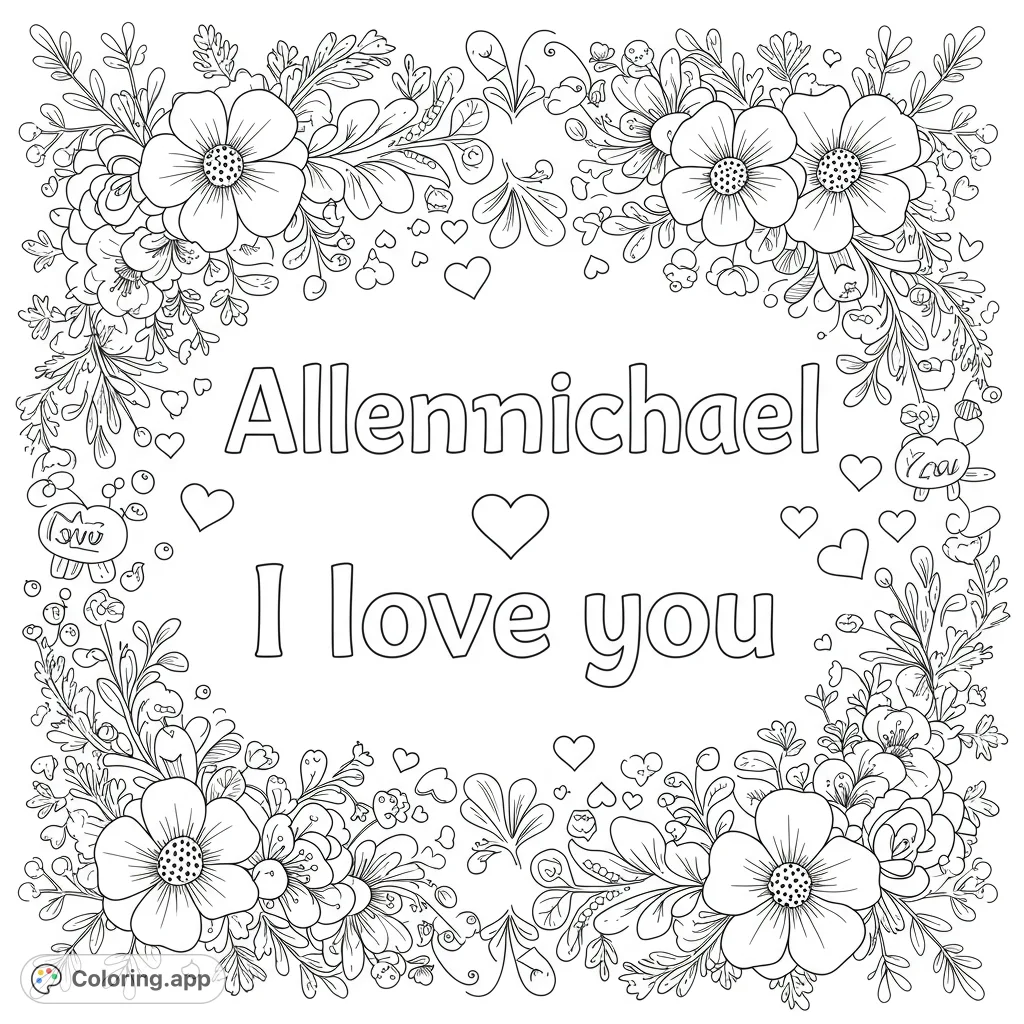 Intricate floral border with scattered hearts, perfect for personalized messages. A beautiful free printable coloring page for all ages.