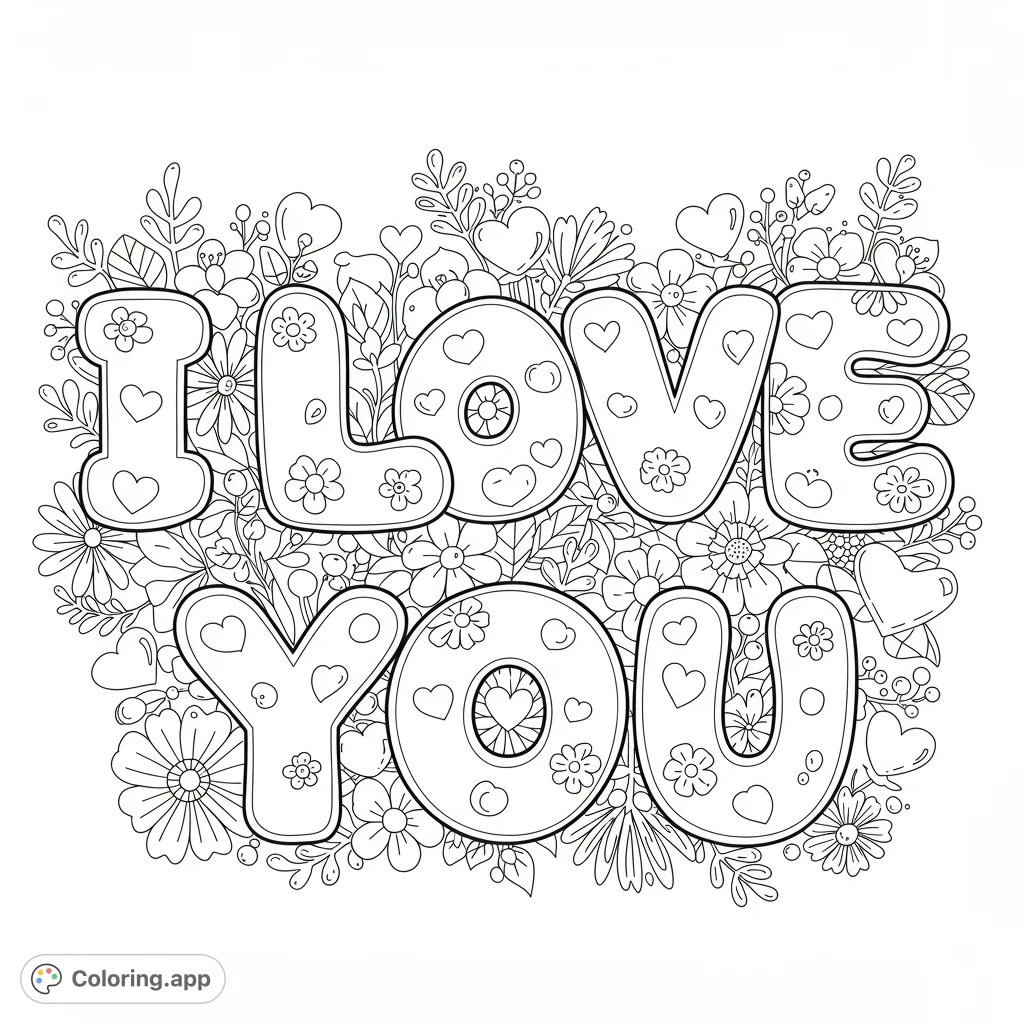 A heartfelt 'I LOVE YOU' message in bubble letters, surrounded by intricate flowers and hearts. A free printable love message coloring page for all ages.