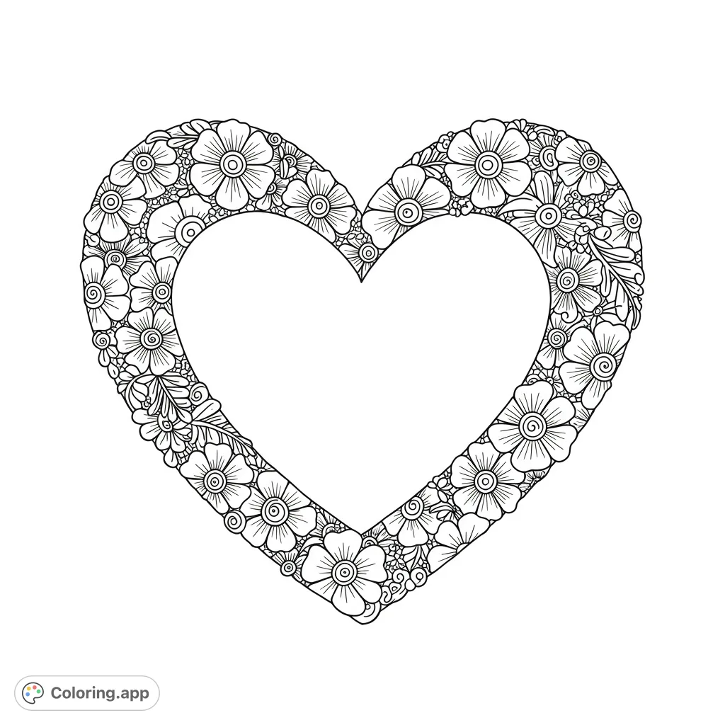 An intricate floral heart coloring page, perfect for relaxation. Features detailed flowers and leaves within a beautiful heart outline. A free printable coloring page for all ages.