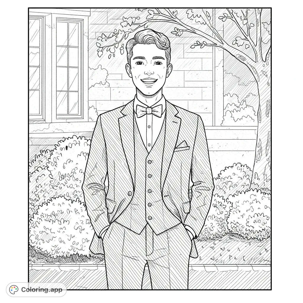A dapper young man in a suit and bow tie smiles confidently, standing before a charming house and garden. Perfect for formal fashion coloring.