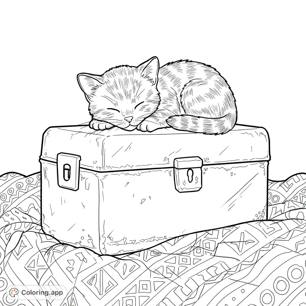 A sweet kitten sleeps soundly on a patterned blanket and sturdy box. A charming free printable kitten coloring page for kids and adults.