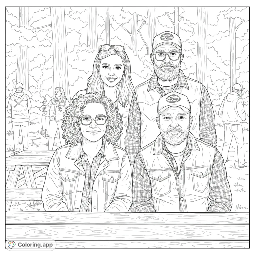 A heartwarming outdoor family gathering coloring page featuring four smiling individuals at a picnic table, surrounded by nature.