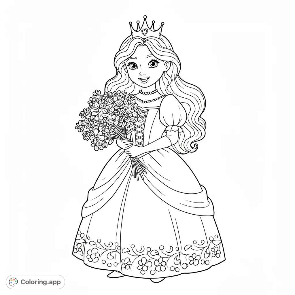 A delightful princess in an elegant gown, wearing a crown and holding a beautiful floral bouquet. Perfect for enchanting coloring fun!