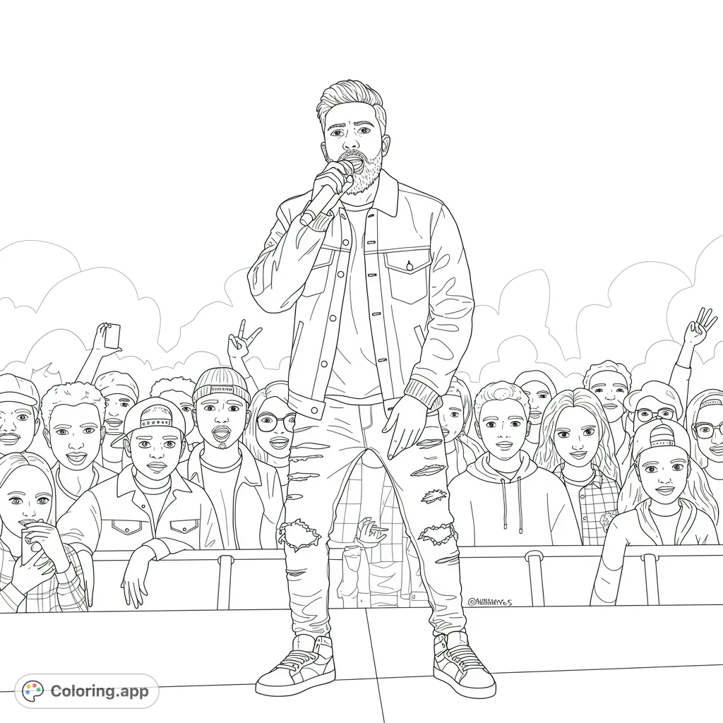 Experience the thrill of a live music concert coloring page! A pop star sings to a cheering crowd, a free printable coloring page for music lovers of all ages.