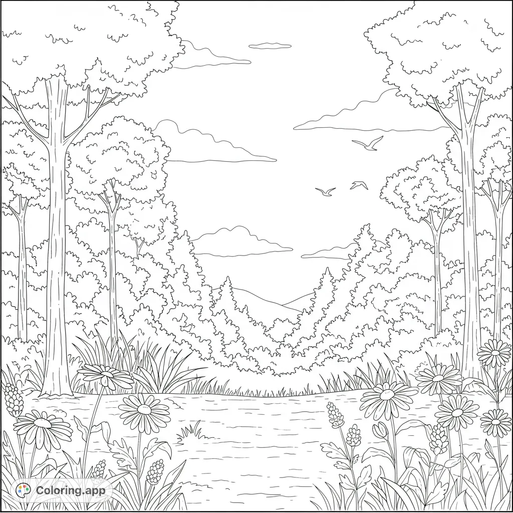 A serene nature scene featuring a calm river, lush forests, and blooming daisy-like flowers, perfect for a relaxing coloring experience.