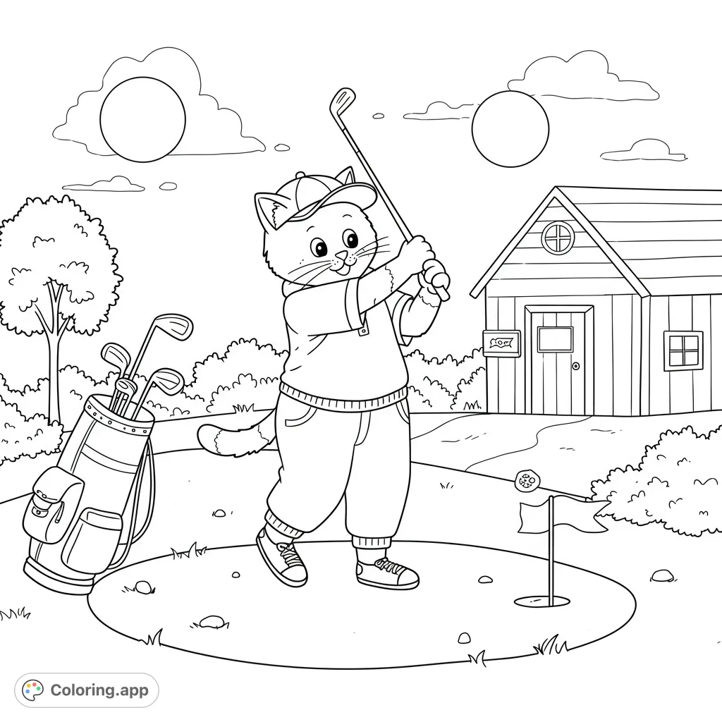 A charming golf coloring page featuring a cartoon cat mid-swing on the green, with a golf bag, clubhouse, and sunny sky. Perfect for sports fans!