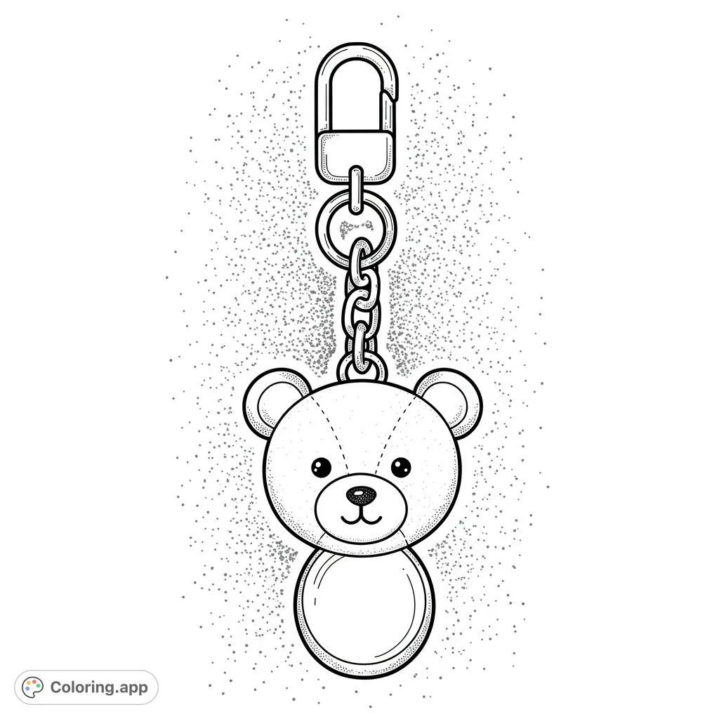 An adorable teddy bear keychain coloring page, perfect for a cute and customizable coloring experience. Features a sweet bear charm, clip, and chain.