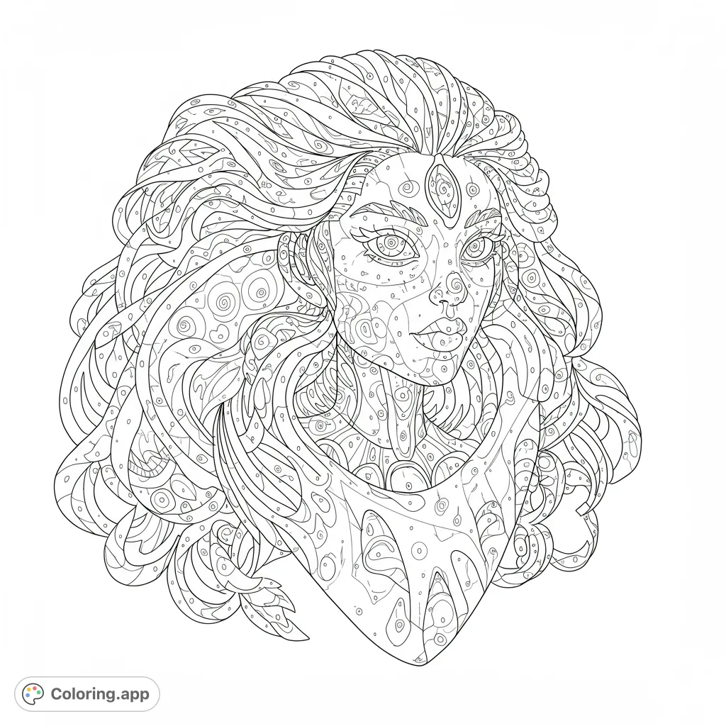 An intricate patterned goddess portrait, a free printable coloring page for adults. Explore detailed designs and bring this mystical beauty to life.