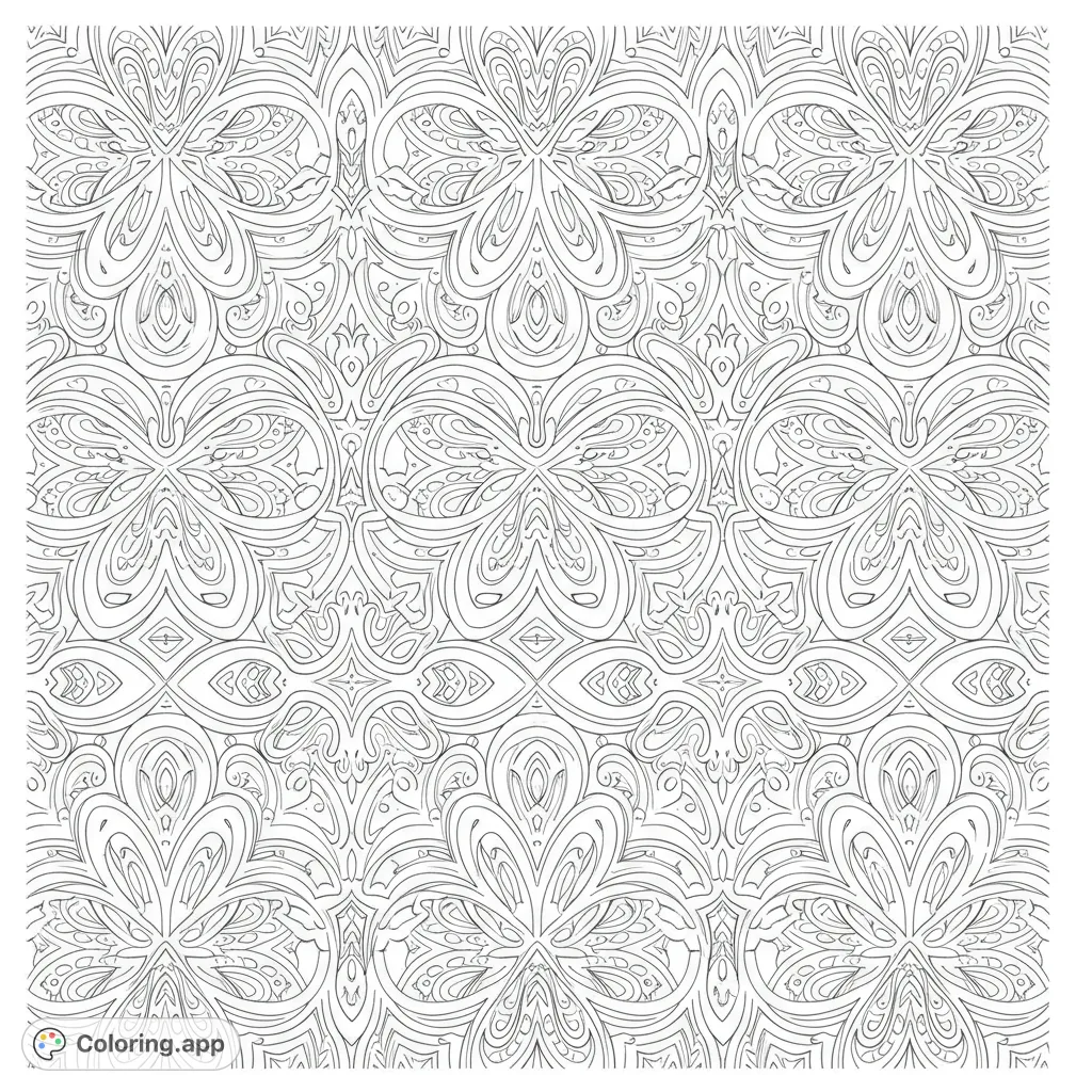 An intricate symmetrical abstract pattern coloring page, perfect for mindfulness. Features repeating floral and paisley-like motifs with detailed swirling lines for a relaxing creative escape.