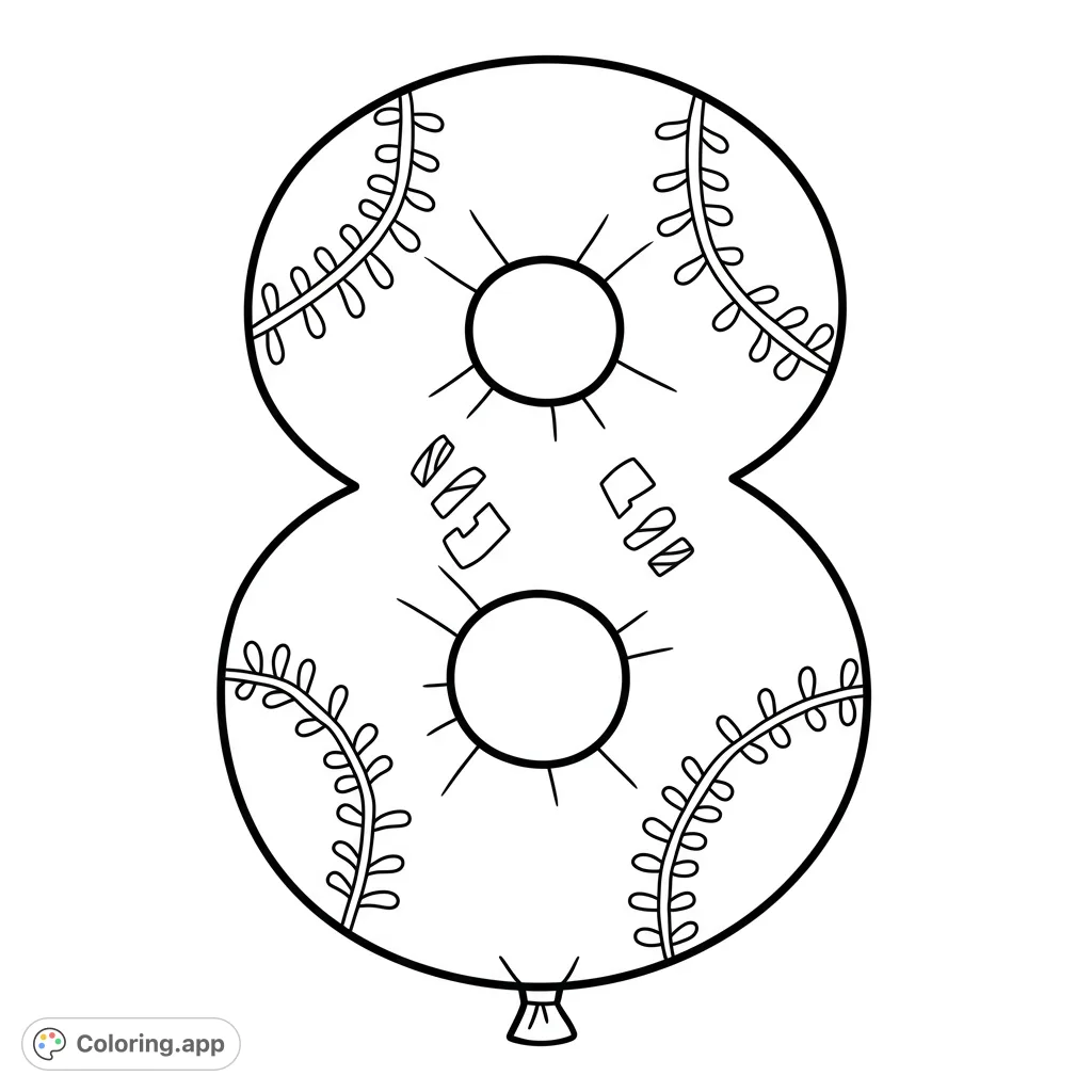 A unique number 8 balloon coloring page, featuring baseball stitching, sun-like circles, and abstract shapes, perfect for sports fans and celebrations.
