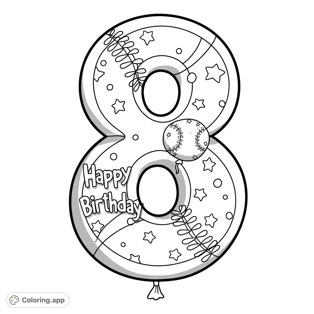 Celebrate an 8th birthday with this fun baseball-themed number 8 balloon coloring page, featuring stars, circles, and a "Happy Birthday" message.