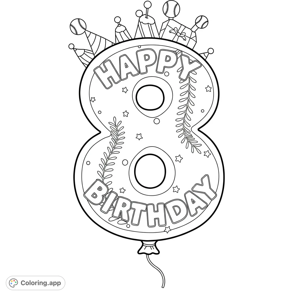 Celebrate an 8th birthday with this festive balloon coloring page! Features a large number 8, party hats, gifts, and 'Happy Birthday' text.