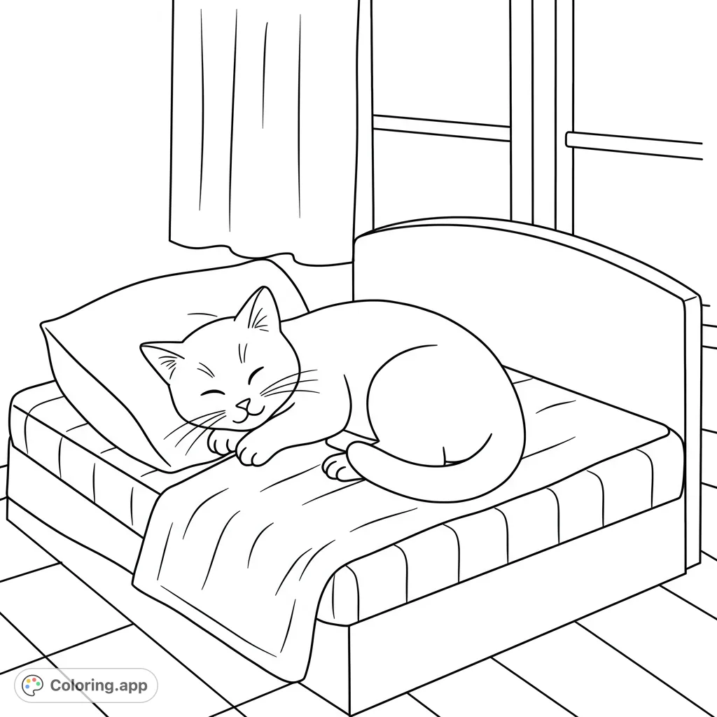A charming sleeping cat coloring page featuring a cozy feline curled up on a bed with a pillow and blanket, perfect for relaxation.