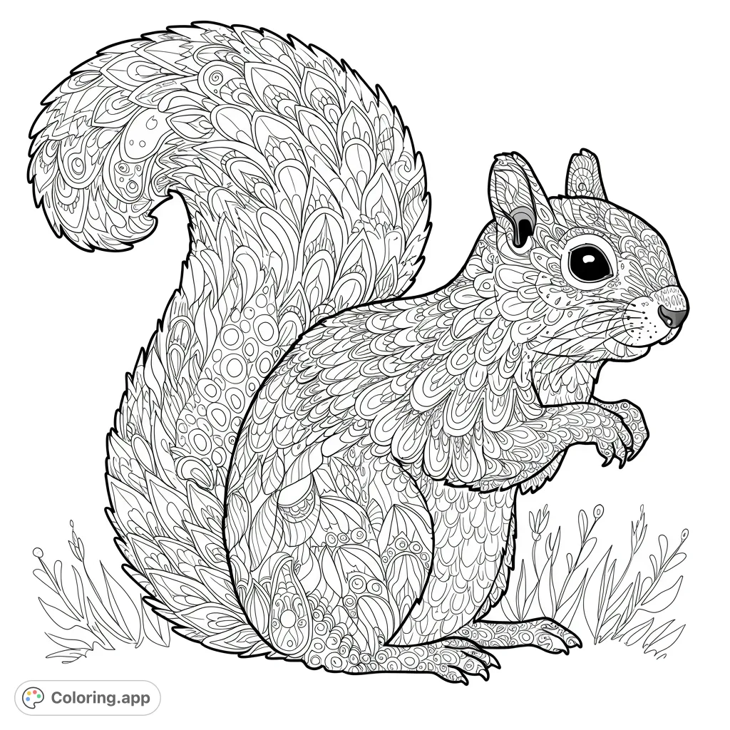 An intricate squirrel coloring page featuring a detailed squirrel adorned with complex mandala patterns, perfect for mindful coloring and creative expression.