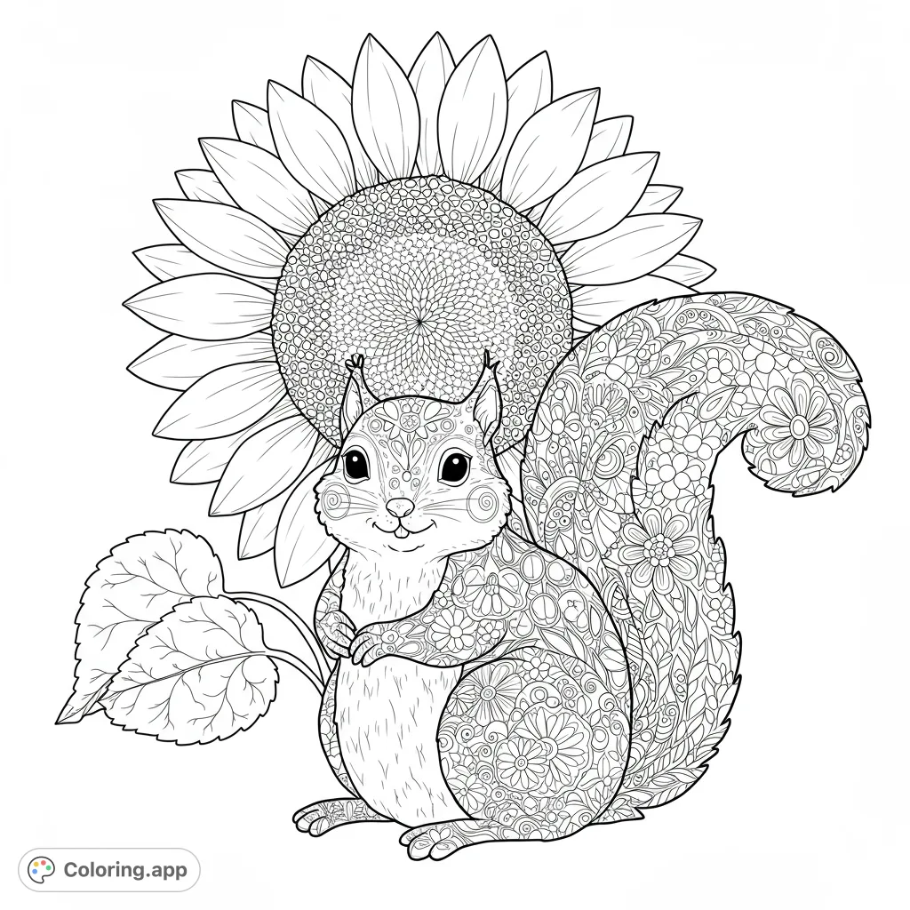 An adorable patterned squirrel with a bushy, zentangle-detailed tail sits in front of a large, intricately drawn sunflower. A delightful nature-themed coloring page.