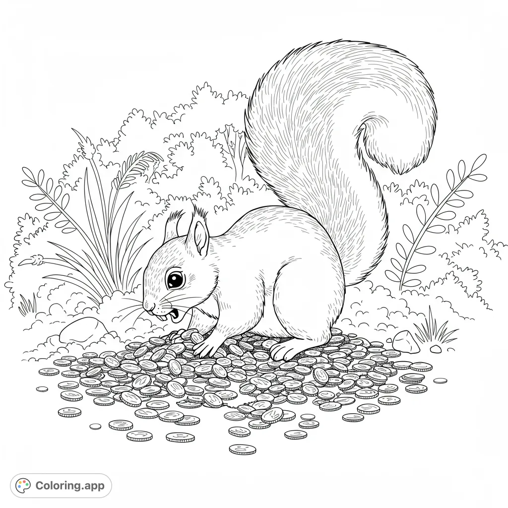 A charming squirrel coloring page featuring a curious squirrel examining a pile of coins amidst detailed foliage. Perfect for nature and animal lovers.