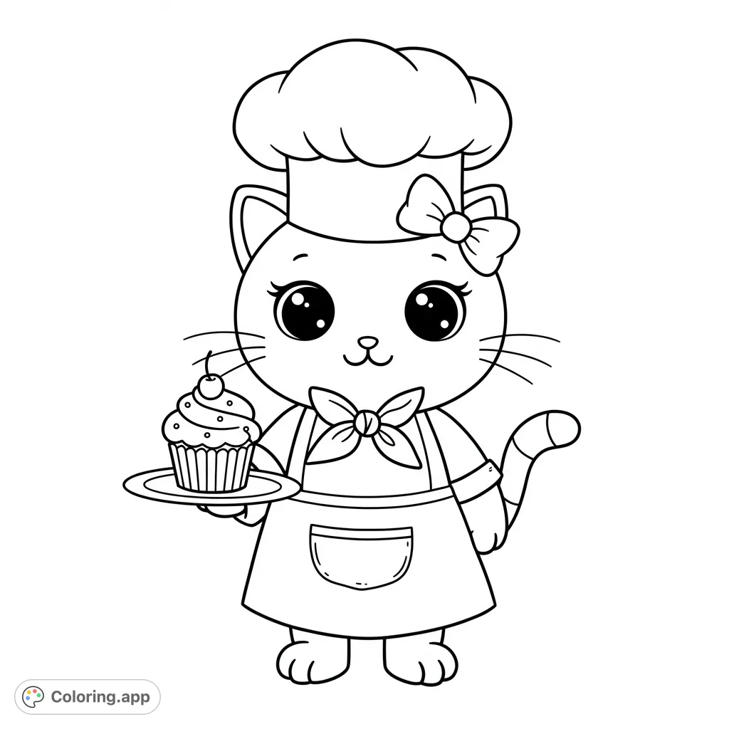 A delightful chef cat proudly presents a delicious cupcake, perfect for a sweet coloring adventure. This free printable baking cat coloring page is ideal for kids!