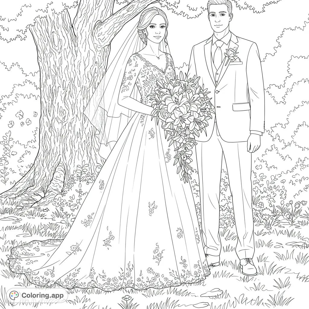 An elegant wedding couple stands in a lush garden, featuring a bride in an intricate gown with a cascading bouquet and a dapper groom. Perfect for celebrating love.