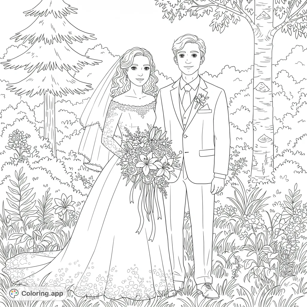 A beautiful wedding couple stands in a serene forest, ready for coloring. Features intricate details on the dress, bouquet, and lush natural background. Perfect for celebrating love!