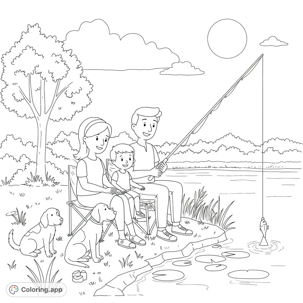 A heartwarming family fishing day by the lake, featuring parents, child, and two dogs, with a fish caught on the line. Perfect for a relaxing coloring experience.