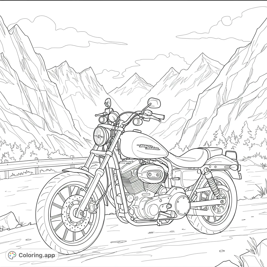 Cruise through majestic mountains on a detailed motorcycle coloring page. Perfect for vehicle enthusiasts and nature lovers seeking a free printable coloring page.
