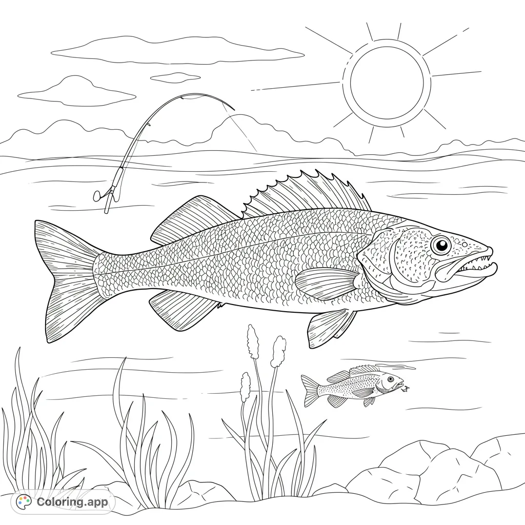 Detailed walleye fishing scene with a large fish, bent rod, and underwater plants. A free printable fishing coloring page for kids and adults.