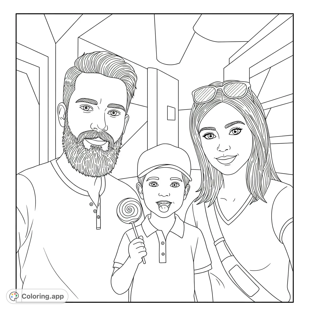 A heartwarming family portrait coloring page featuring a dad with a beard, a mom with sunglasses, and their playful child holding a lollipop.