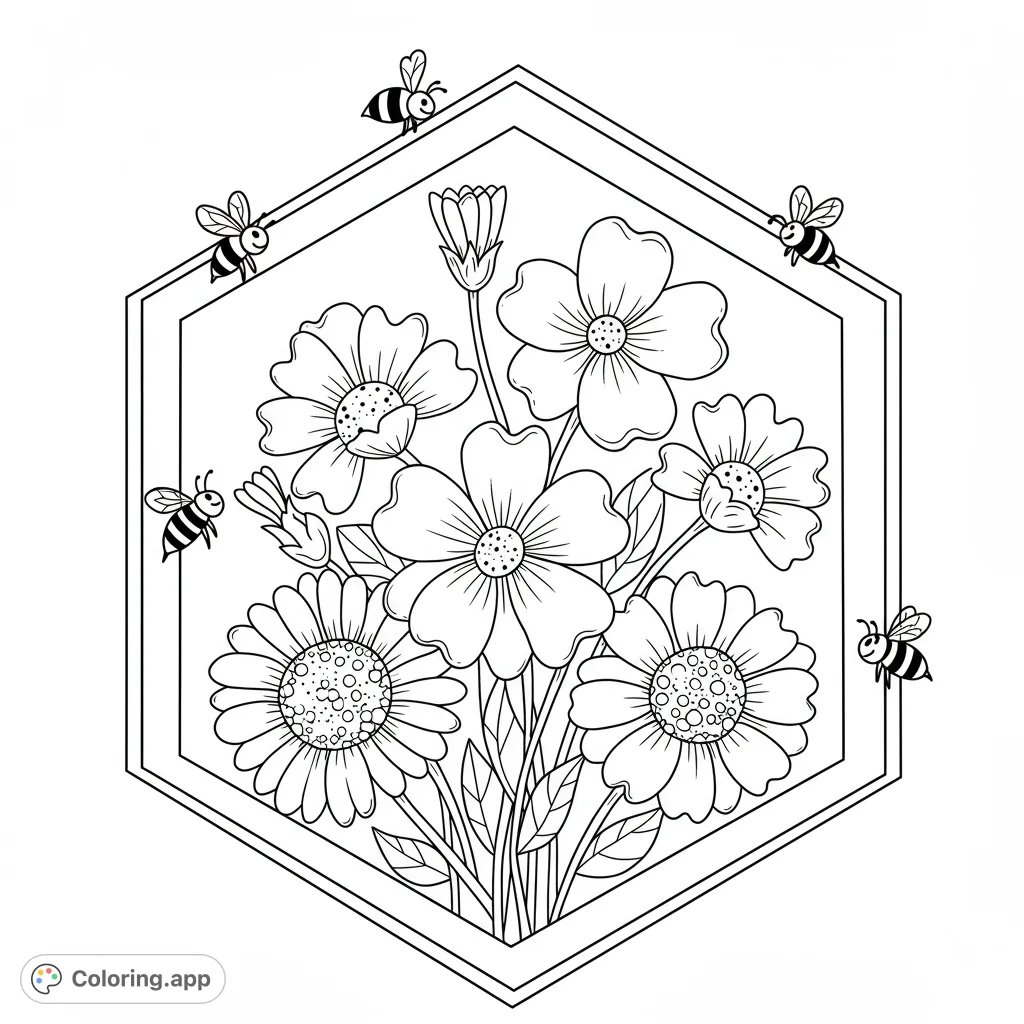 A charming hexagonal floral bee garden coloring page featuring a bouquet of diverse flowers and playful bees, perfect for nature lovers.