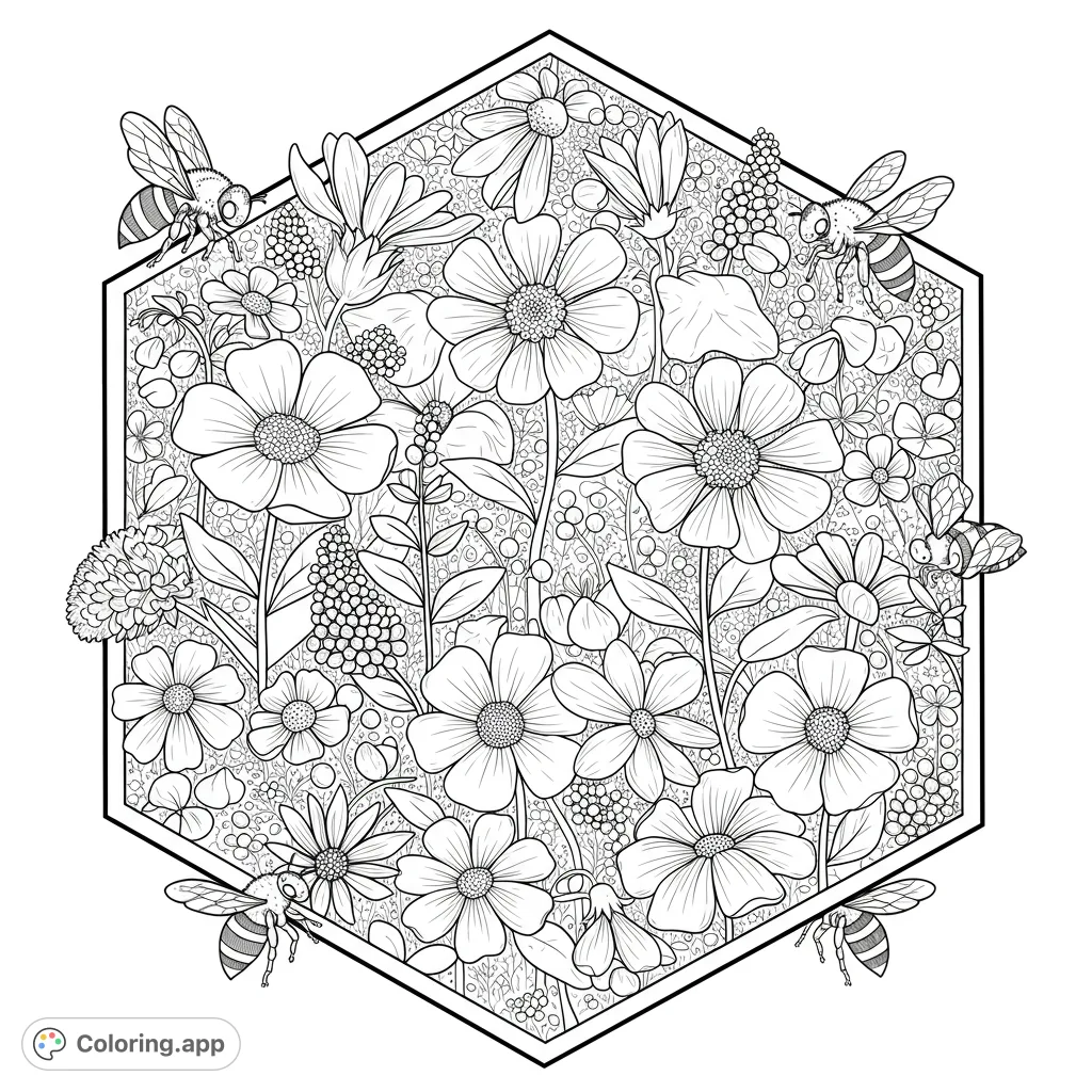 A beautiful hexagonal floral garden teeming with various flowers and five busy bees. A detailed nature coloring page for all ages.