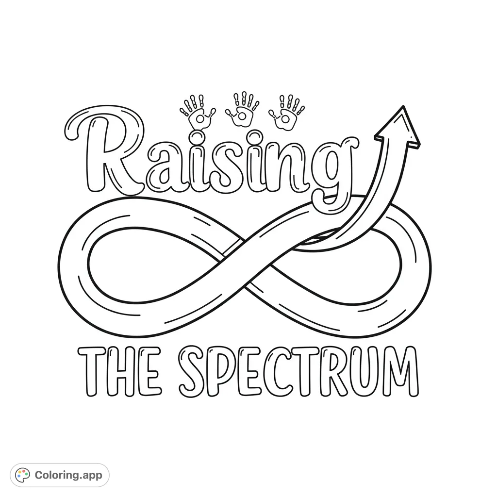 A powerful autism awareness coloring page featuring an infinity symbol, handprints, and uplifting text. A free printable design for all ages.
