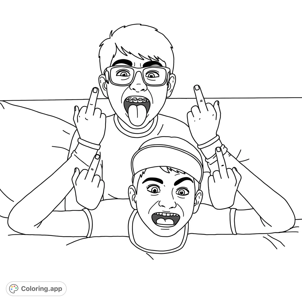 Two boys with exaggerated expressions and playful gestures, perfect for a humorous and expressive coloring experience. A free printable coloring page.