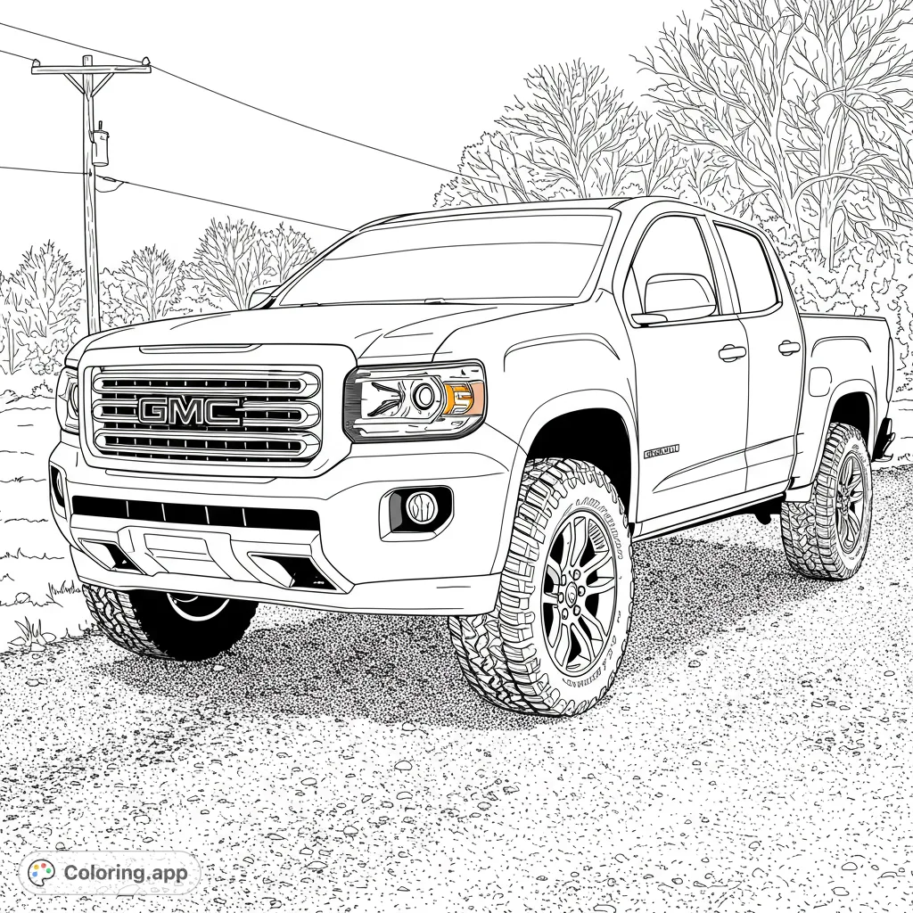 Detailed pickup truck on a gravel road, ready for adventure. A free printable truck coloring page for kids and adults, perfect for vehicle enthusiasts.