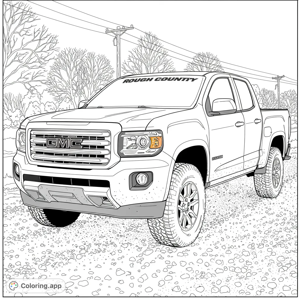 Detailed pickup truck on a gravel road, ready for adventure. A free printable truck coloring page for vehicle enthusiasts of all ages.