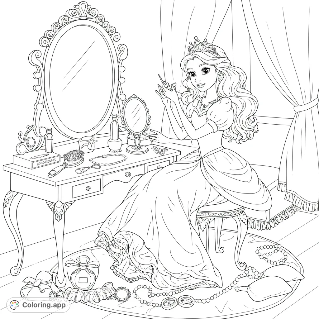 A beautiful princess at her ornate vanity table, surrounded by elegant accessories and jewelry, ready for a royal transformation. A charming free printable princess coloring page.
