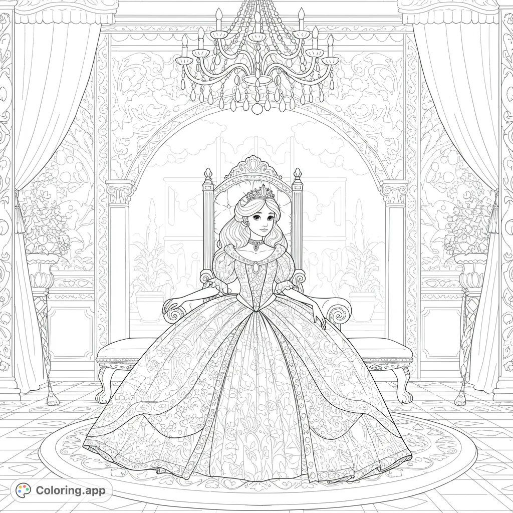A majestic princess in an elaborate gown sits on an ornate throne in a grand hall, surrounded by intricate patterns and a dazzling chandelier.