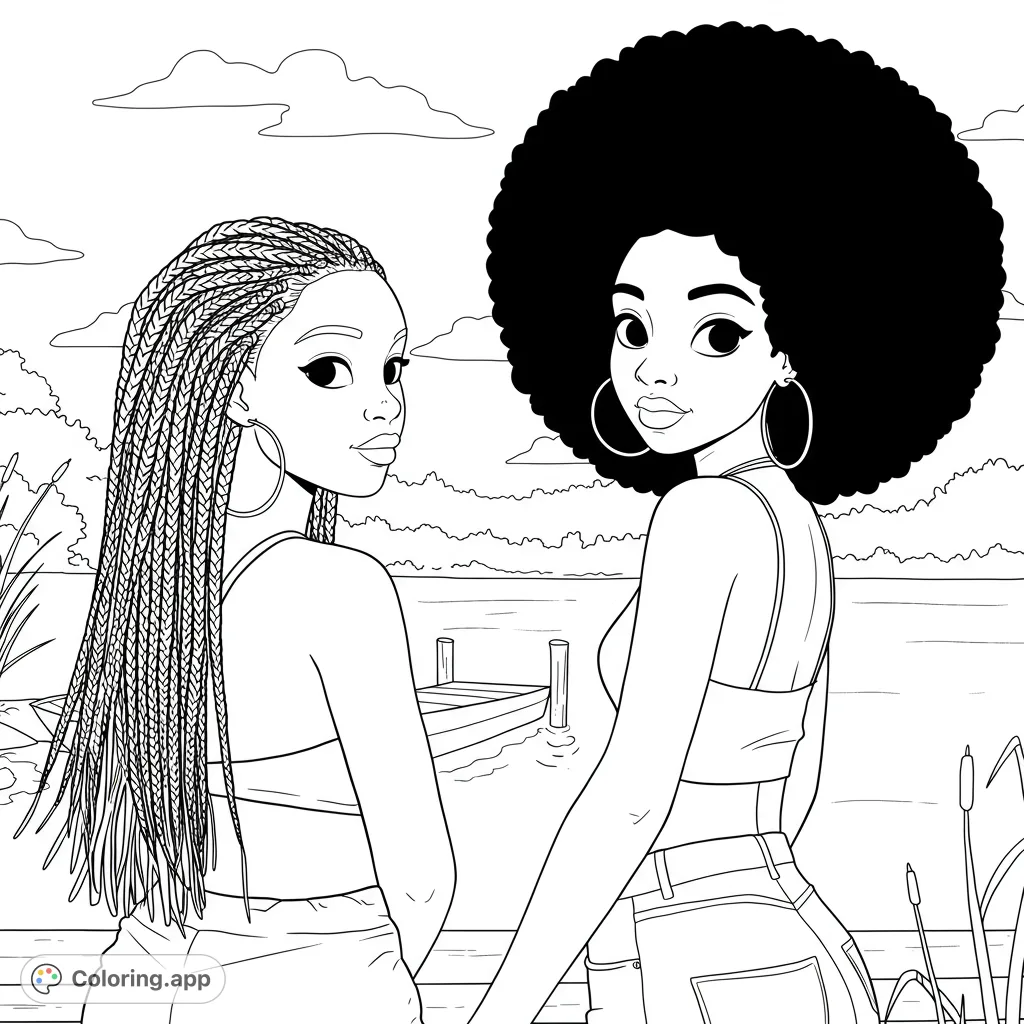 Two stylish friends with unique hairstyles by a serene lake, perfect for a relaxing coloring experience. Celebrate diversity and friendship.