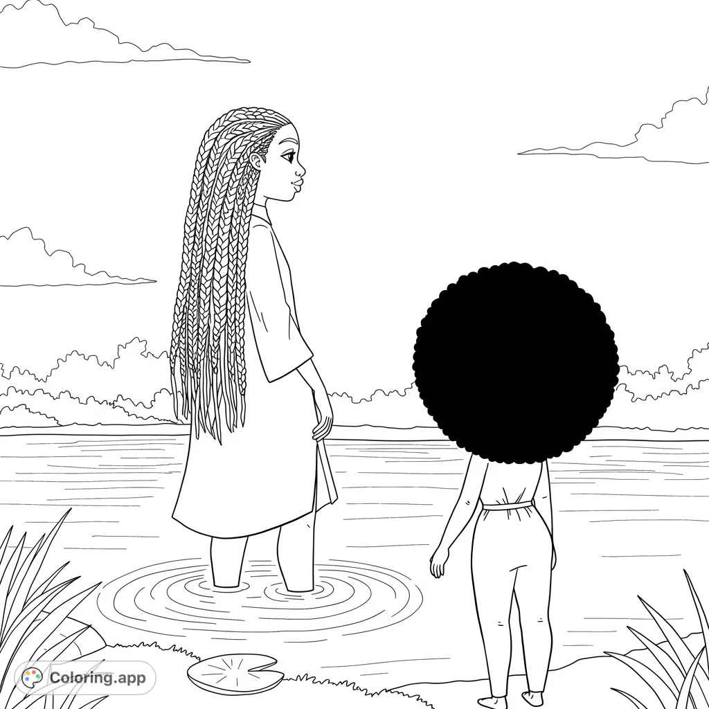 Two figures, one with long braids in water, one with an afro on the bank, by a serene lake. A beautiful nature and family coloring page.