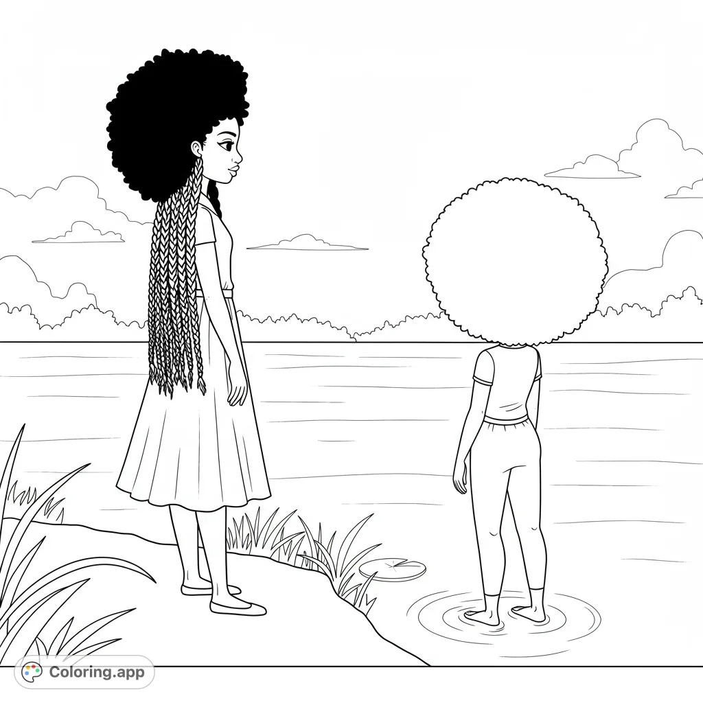 Two figures, an adult and a child, stand by a serene lake, enjoying nature. A beautiful, free printable family bonding coloring page for all ages.