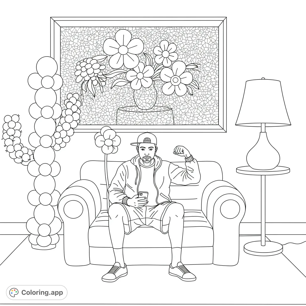 A cool guy relaxes on a couch, flexing, surrounded by a floral picture, balloon cactus, and lamp. A fun, modern scene ready for your vibrant colors!