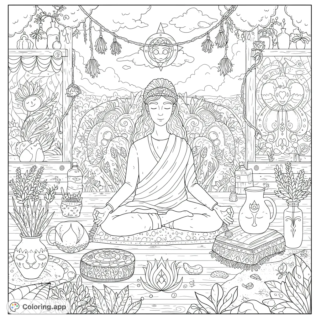 A serene figure meditates amidst a lush, detailed garden with spiritual motifs and decorative elements, perfect for mindful coloring and relaxation.