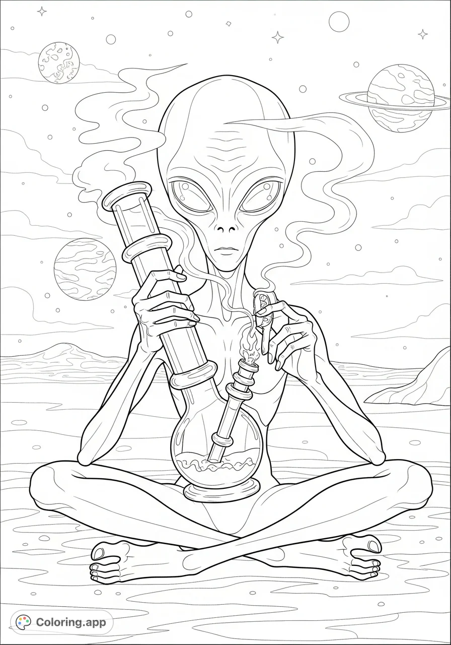 A detailed coloring page features an alien calmly enjoying a bong under a cosmic sky, perfect for adult colorists seeking a unique and imaginative scene.