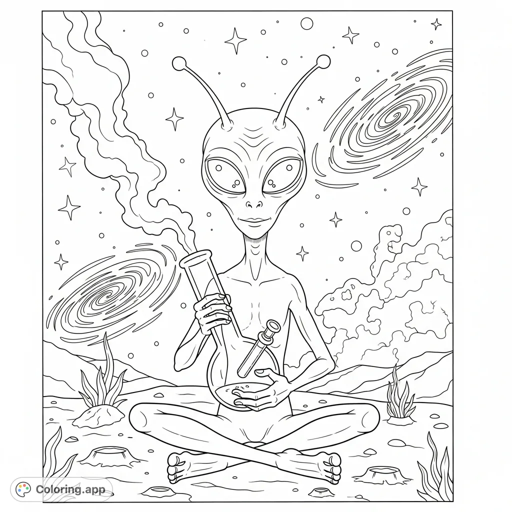 An intriguing alien enjoys a peaceful moment with a uniquely designed bong, set against a cosmic backdrop. A creative and mature coloring experience.