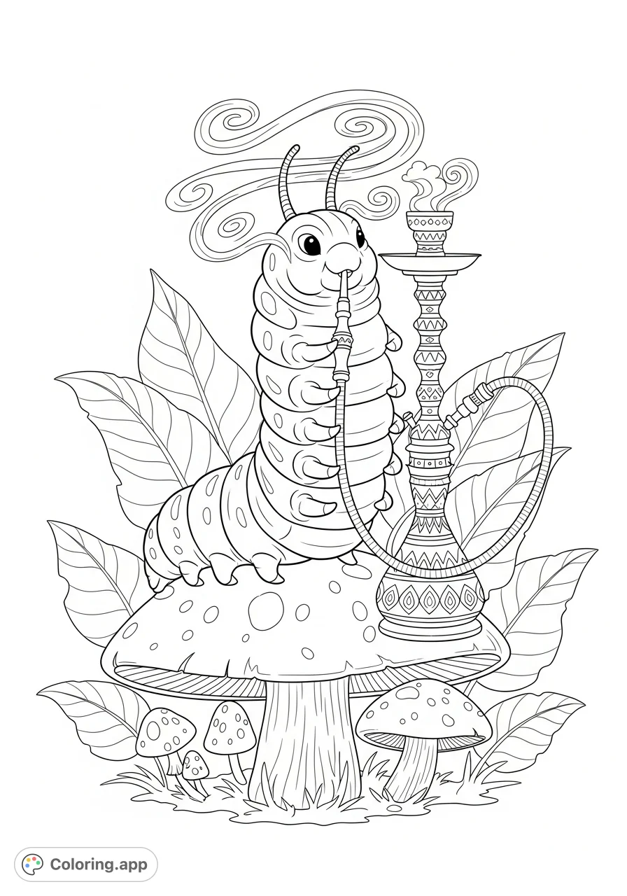 An enchanting caterpillar enjoys a hookah atop a mushroom, surrounded by whimsical forest details. A unique free printable coloring page for creative minds.