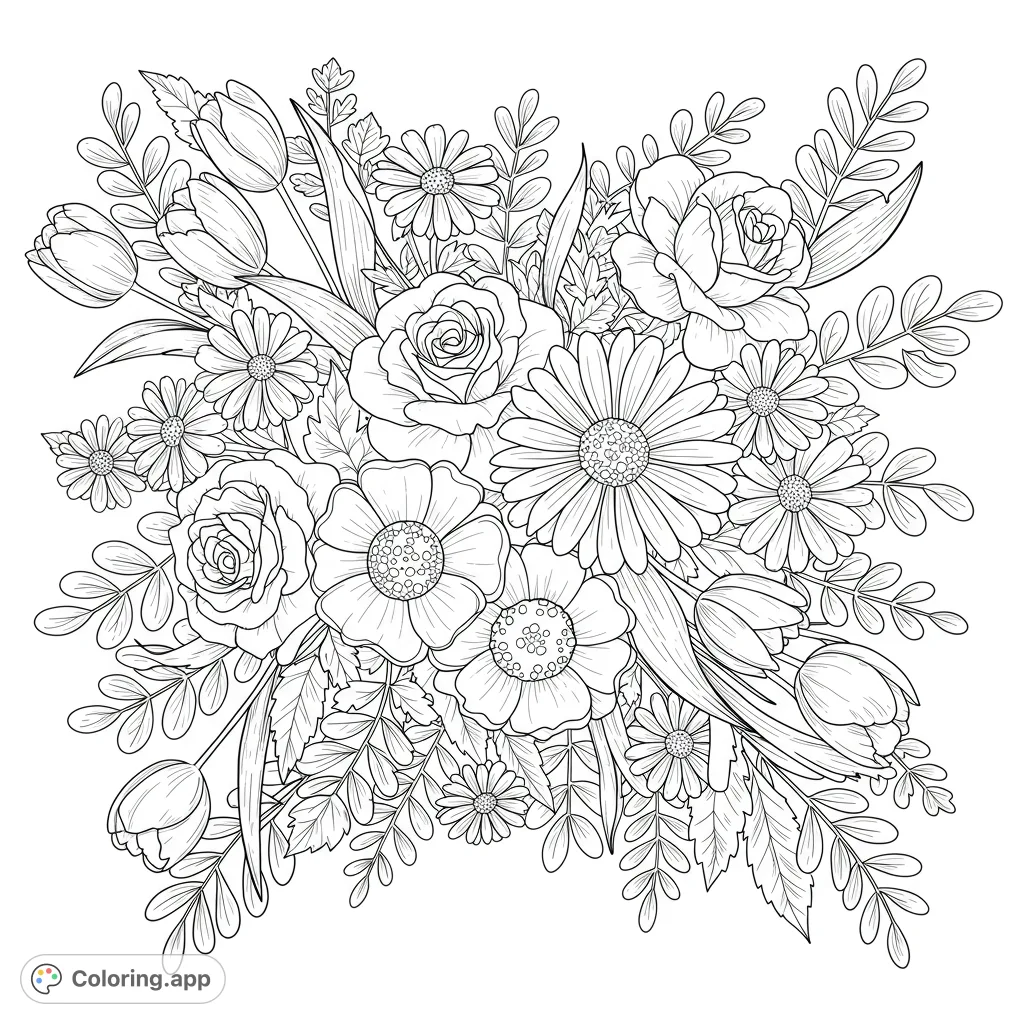A beautiful floral bouquet coloring page featuring roses, tulips, and daisies, perfect for nature lovers. A free printable coloring page for all ages.