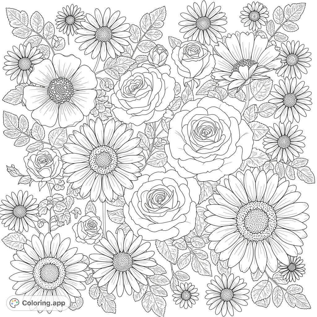 An intricate floral coloring page featuring a dense arrangement of roses, daisies, and detailed leaves, perfect for a relaxing creative escape.